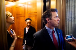 UNITED STATES - FEBRUARY 12: Sen. Rand Paul, R-Ky., speaks with reporters as he leaves the Senate Republicans' policy lunch in the Capitol on Tuesday, Feb. 12, 2013. (Photo By Bill Clark/CQ Roll Call)